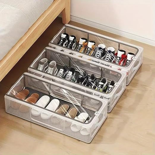 Fabric Shoe Storage Bins Under Bed Shoe Storage Organiser Folding Under Bed Shoe Box With Transparent Lid Fits - Underbed Storage Solution - Pcs of 1