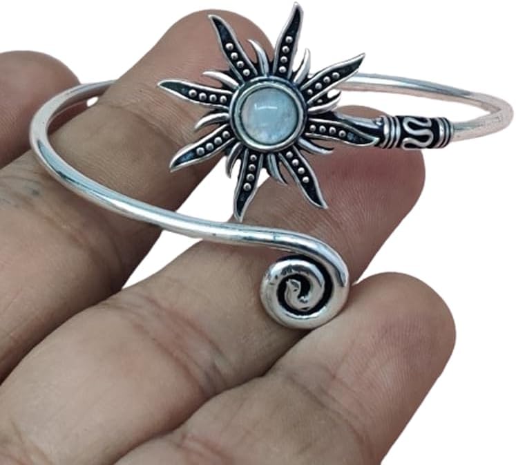 Silver Sunburst Bangle, Gemtone Hand Cuff, Spiral Hand Cuff, Gemstone Cuff Bangle, Sun Bohemian Jewelry Gift - Image 2