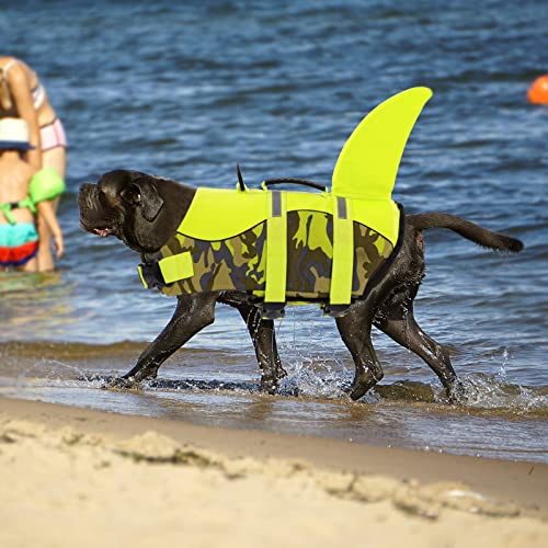 Queenmore Dog Life Jacket,Dog Life Vest For Swimming,Dog Shark Life Jacket With Rescue Handle,Adjustable Reflective Dog Life Preserver For Large Dog,Camouflage L #TOP6