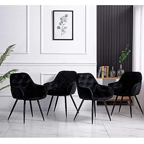 JaHECOME Lot de 4 Chaise de Salle à Manger Fauteuil, Siège en Velours Chaise de Salon, l'Assise Rembourré avec Dossier Tissu, Pieds en Métal Noir pour Cuisine, Chambre, Salle à Manger,Noir