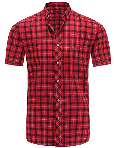 Jandukar Short Sleeve Plaid Shirt for Men Button Down Shirts Red Checkered Shirt S