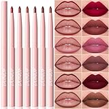6Pcs Retractable Lip Liner Pencils Set, Ruby Mauve Red Rose Nude Pink Purple Taupe Brown 6 Rich Pigmented Shades Waterproof & Long-Lasting Creamy Matte Velvet Finish for Shaping & Sculpting Lips (#02)