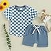 Toddler Baby Boy Girl Summer Clothes Checkerboard Print Short Sleeve T-Shirt Tee Tops Rolled Shorts Infant Outfits (A- Blue, 3-4T)