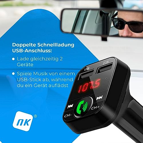 NK Bluetooth V5.0 FM Transmitter für Auto und LKW 12/24V - Freisprecheinrichtung, Musikplayer +EDR, Radioempfänger Adapter, Dual USB Schnellladung 2.1A, NK-FM2102
