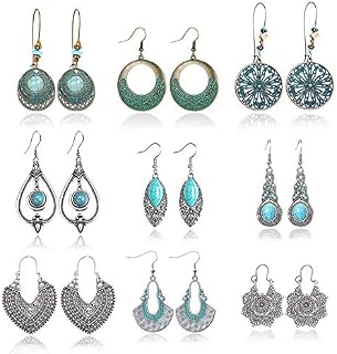 PROJEWE 8-10 Pairs Boho Vintage Mandala Flower Gypsy Drop Dangle Earrings for Women Girls Hollow Water Drop Hook Earrings Retro Tribal Hollow Bohemian Earrings
