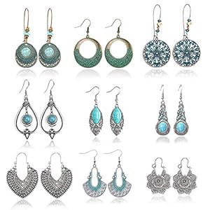 PROJEWE 8-10 Paires Bohème Vintage Mandala Fleur Gypsy Boucle D&rsquo;oreilles Fantaisie pour Femmes Filles Pendentif Creux Ethnique Boucles D&rsquo;oreilles Pendantes Classique Bijoux De Mode