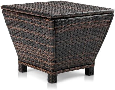 Outdoor Table with Storage, 13 Gallon Wicker Small Outdoor Storage Box Patio Side Tables for Outside Porch Poolside Deck Garden， Brown