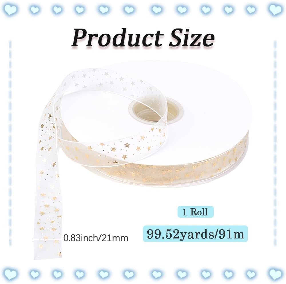 About 100 Yards 7/8 Inch Gold Star Printed Ribbon White Sheer Stars Pattern Print Transparent Chiffon Silk Yarn Ribbons Trim with Spool Bulk for Sewing Making Crafts Gift Wrapping Diy Supply