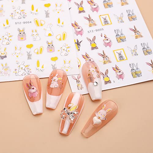 3D Cartoon Bunny Nail Stickers,Cute Rabbit Nail Art Stickers Chinese New Year Rabbits Nail Decals Spring Easter Bunny Stickers For Nails Self Adhesive Bronzing Nail Sticker Diy Nail Supplies, 8Pcs/Set #TOP6