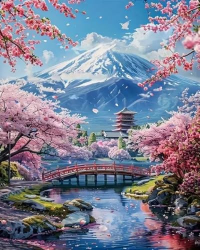 Fleurs de cerisier et tour du Mont Fuji : Kit anti-stress Diamond Painting