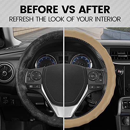 Bdk Genuine Beige Leather Steering Wheel Cover For Car, Medium (14.5" - 15.5") – Ergonomic Comfort Grip For Men & Women, Universal Fit Car Steering Wheel Cover For Most Vehicles #TOP2