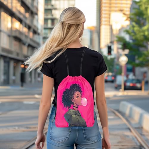 Image of jejeloiu Cool Black Drawstring Backpack 13x15.7inch African American Waterproof Gym Drawstring Bags Pink Sports String Backpack Beach Swim Travel Bag Sackpack(No Glitter)