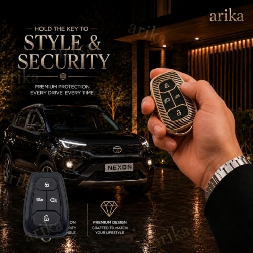 Image of arika Key Cover Compatible with Tata Harrier | Safari | Nexon | Altroz | Tigor | EV | Punch | Tiago EV Electric - 4 Button Smart Key , Imperial Gold Carbon Series