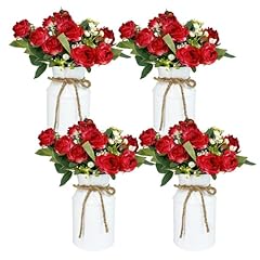 4 White Vases & 8 Red Roses