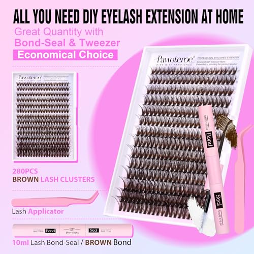 Image of Pawotence Lash Extension Kit DIY 280pcs Brown Lash Clusters Eyelash Extension Kit 40D 9-16mm Individual Lashes Kit with Lash Bond and Seal Lash Tweezers for Self Use (Brown 40D, 9-16mm, Kit)