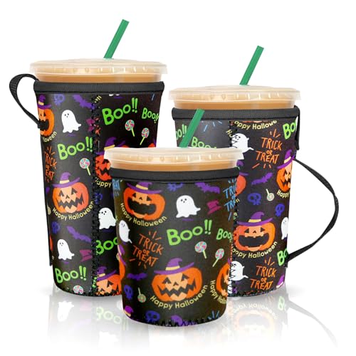SLEILIN Holiday Reusable Sleeve Iced Coffee Cups, 3 Pack Cold Soda Insulated Neoprene Cup Sleeve for Iced/Hot Drinks,Halloween Christmas Coffee Sleeve Compatible with Starbucks, Dunkin Coffee