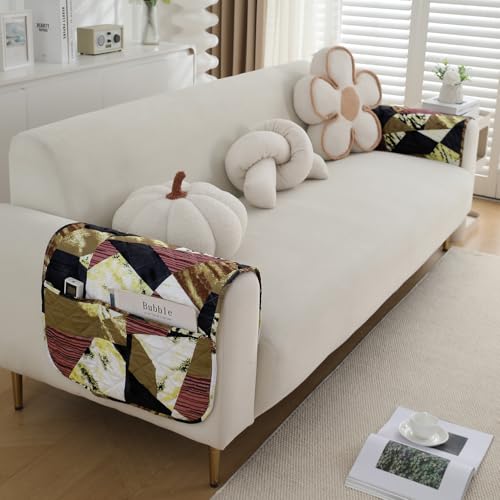 Image of HOKIPO 'Elira Series' Digitally Printed Water Repellent + Waterproof Sofa Armrest Cover with Pockets (2Pcs) - Wine Abstract Geometry (AR-5251-C5*2)