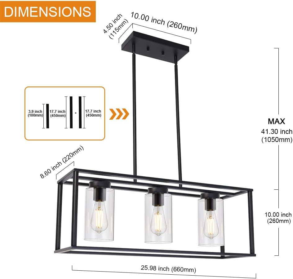 VINLUZ Contemporary Chandeliers Black 3 Light Modern Dining Room Lighting Fixtures Hanging, Kitchen Island Cage Linear Pendant Lights Farmhouse Flush Mount Ceiling Light with Glass Shade