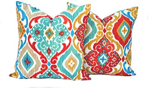 That Dutch Girl Two Indoor/Outdoor Ikat Print Pillow Covers, Cushion, Decorative Throw Pillow, Yellow Red Turquoise Pillow, Outdoor Pillow