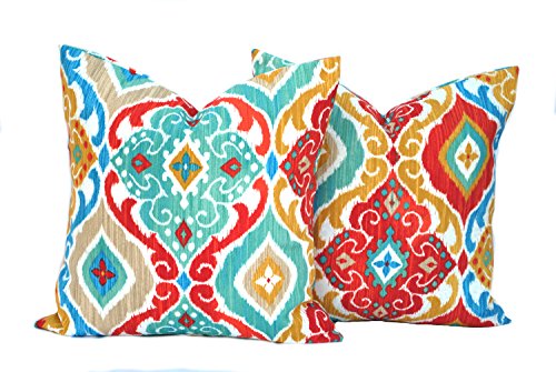 That Dutch Girl Two Indoor/Outdoor Ikat Print Pillow Covers, Cushion, Decorative Throw Pillow, Yellow Red Turquoise Pillow, Outdoor Pillow #TOP15