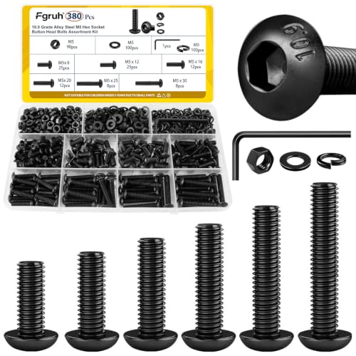 Image of 380PCS M5 Hex Button Head Screws Assorted Kit, M5x8 /12 /16 /20 /25 /30 mm | Metric M5-0.8 Screws, Nuts and Washers Assortment Kit,10.9 Grade Alloy Steel Black Zinc Plated 5mm Bolt Set for 3D Printer