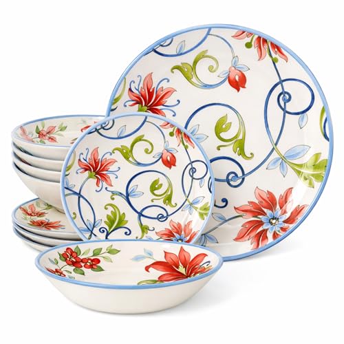 Tudor Royal 12-Piece Round Porcelain Dinnerware Set, Service for 4, Botanical Design, Summer Flowers, Plates Bowls Dishes, Glossy, Premium Quality Dish Set, Unique Pattern by Tudor England - Used condition - CA$76.57