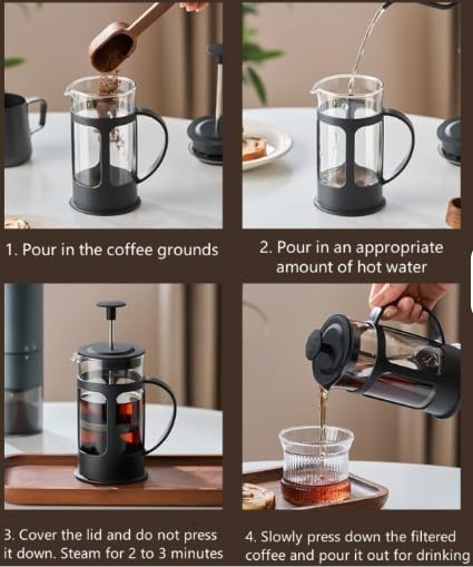 Image of French Press Coffee & Tea Maker Borosilicate Glass Carafe 4 Level Filtration System Stainless Steel Plunger with Mesh 1-2 Cups of Coffee Brews in Just 3 Minutes BPA Free Lid Strainer Black 300 ML