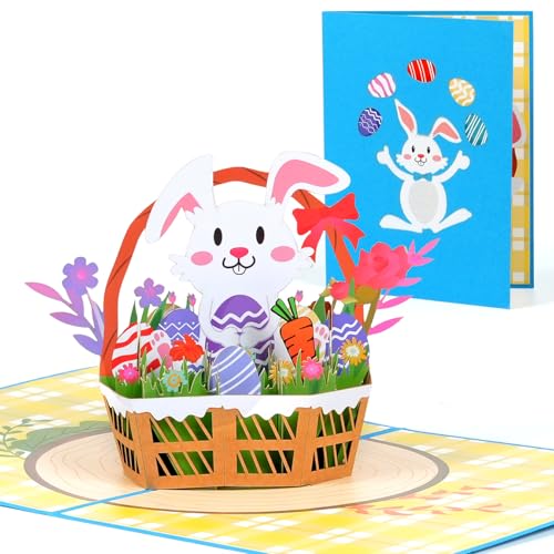 3D-Pop-Up-Osterkarte, Korb Hase und Ei, Cartoon-Osterkarten, blau, handgefertigte Pop-Up-Grußkarten mit Umschlag für Kinder, Freunde, Familie