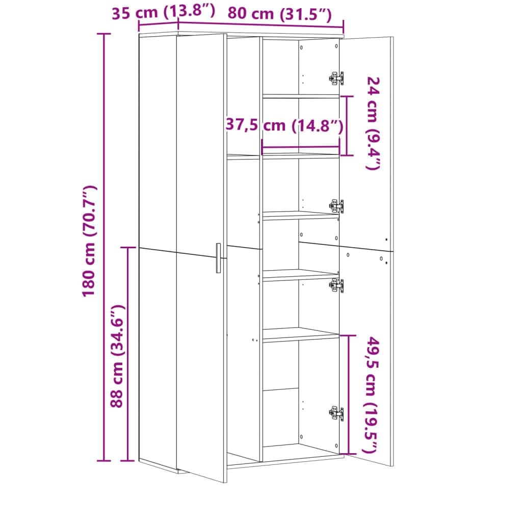 Scaffale alto in legno di rovere affumicato, 80 x 35 x 180 cm, con molto spazio per soggiorno, camera da letto, ufficio e corridoio, chiudibile con porta, ideale per riporre ordine, documenti