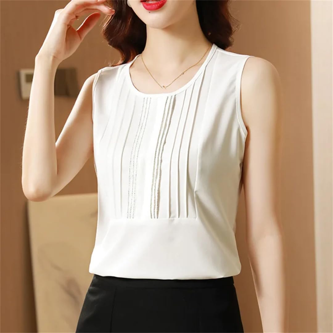 Canottiera da donna in chiffon, con scollo rotondo, senza maniche