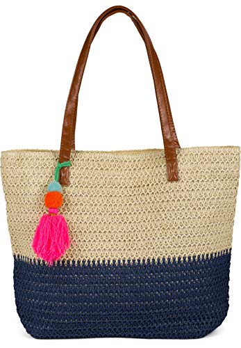 styleBREAKER Damen Bast Strandtasche 45 x 13 x 46 cm mit Reißverschluss | Zweifarbige Korbtasche mit Quaste | Flechttasche mit langen Henkeln für Strand & Shopping Farbe:Beige-Dunkelblau