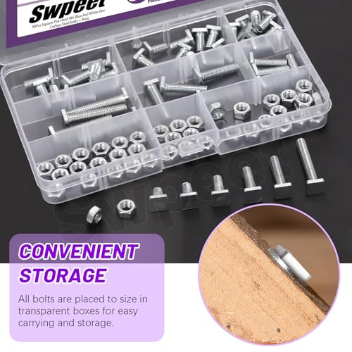 Image of Swpeet 90Pcs 6 Size M6x10 /12 /16 /20 /25 /35mm Galvanized Square Head Bolt and Hex Nuts Assortment Kit, Fully Thread Galvanized Square Head Screw, Square Machine Screws, Square Head T-Bolt