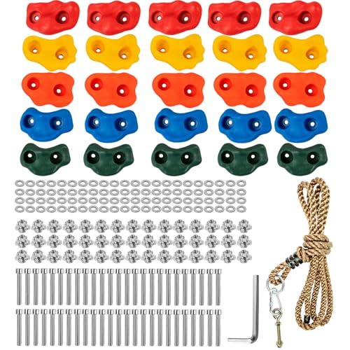 Cheardia 25 Pack Rock Climbing Holds for Adults, Multi-Colored Rock Wall Holds Grips with Mounting Hardware and Knotted Rope for Indoor and Outdoor