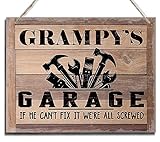 Rustic Sign, Father's Day Gift, Dad's Gift, Grandpa's Gift, Decor Hanging Wood Signs, Printed Wood Wall Art Sign, Grampy's Garage, If He Can't Fix It We're All Screwed, Vintage Sign Gift for Grandpa