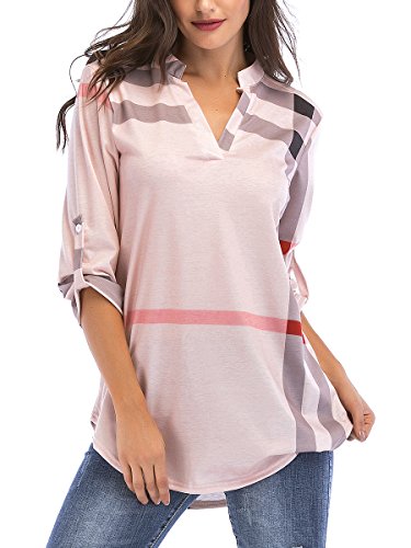 St. Jubileens Women Roll-Up 3/4 Sleeve Plaid Shirt Tunic V Neck Casual Pullover Blouses Tops Medium, Apricot