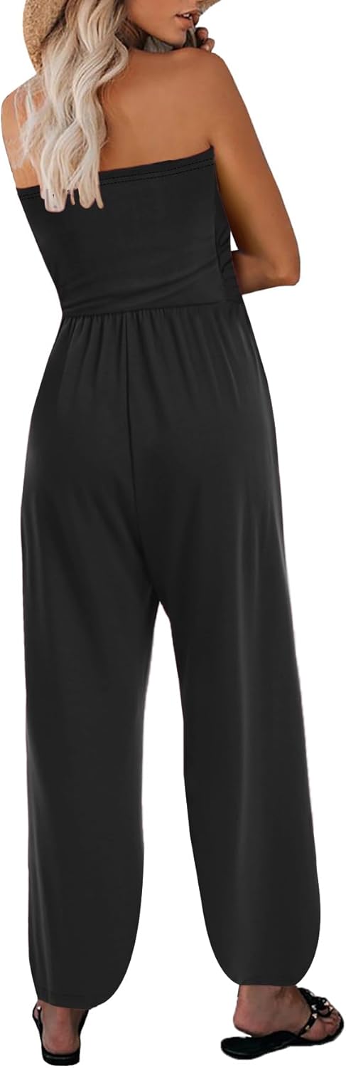 Women’s Tube Top Jumpsuits Strapless Belted Wide Leg Bustier Jumpsuit Backless Baggy Long Pants Rompers with Pockets - Image 2