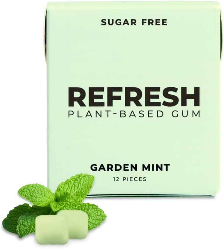 Refresh Gum, Xylitol, Natural, Sugar Free, Long Lasting, Plastic Free, Natural Flavors & Organic Ingredients, Plant-Based, Low Calorie, Non GMO, Gluten Free, Vegan, Garden Mint Flavor, 12 Pcs, 6 Pack