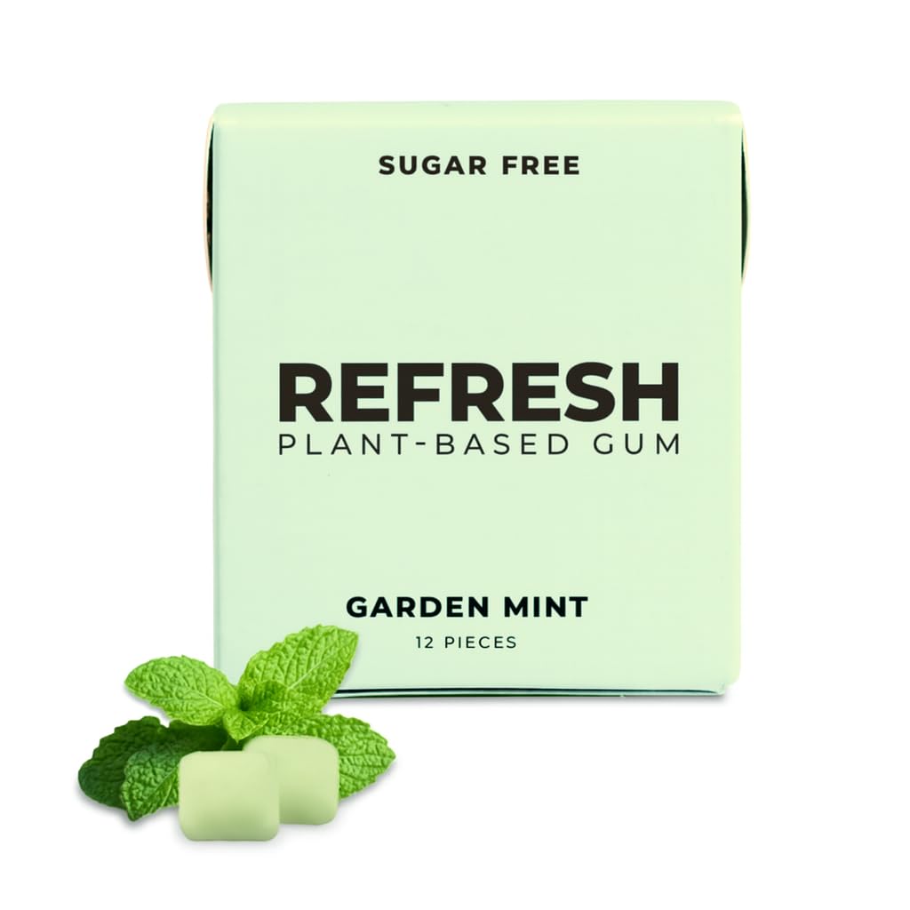 Refresh Gum, Xylitol, Natural, Sugar Free, Long Lasting, Plastic Free, Natural Flavors & Organic Ingredients, Plant-Based, Low Calorie, Non GMO, Gluten Free, Vegan, Garden Mint Flavor, 12 Pcs, 6 Pack