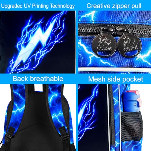 Image of 3Pcs Backpack for Boys, Lightning Kids Bookbag with Lunch Box, 17 inch School Backpacks for Elementary Preschool Kindergarten (Blue)