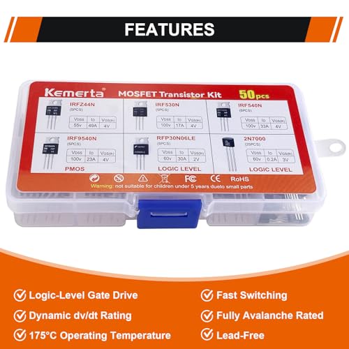 Kemerta 6 Values 50 Pcs MOSFET Transistor Assortment Kit, IRFZ44N IRF530N IRF540N RFP30N06LE 2N7000 IRF9540 N Channel P Channel,Logic Level PMOS NMOS Kit,for Power Switching Application - Image 4