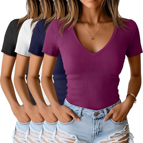 Neer 4 Pack Women's V Neck T-Shirts Cotton Short Sleeve Ribbed Slim Fit Tops Casual Summer Basic Tee Multipack - Main Image