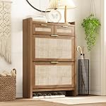 Shoe Organizer Cabinet Storage for Entryway - Slim Rattan Shoe Rack for Front Door Entrance, Narrow Hidden Shoe Cabinet with Flip Drawers, Boho Shoe Holder Cabinet,Two Doors, Oak