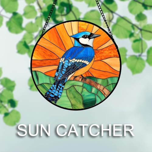 Image of DASTOLL Stained Glass Window Hanging 4 Pcs Set Birds 9.8 inch - Cardinal Blue Jay Suncatcher Door Garden Sun Catcher Decor Birthday Christmas for Bird Lovers Mom Woman Nana Men