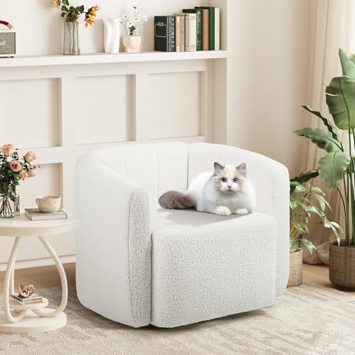 Image of Giantex 360 Swivel Accent Chair - Sherpa Upholstered Boucle Barrel Club Chair with Padded Armrests, Modern Round Arm Chair for Reading, Living Room, Bedroom, Office, White Teddy