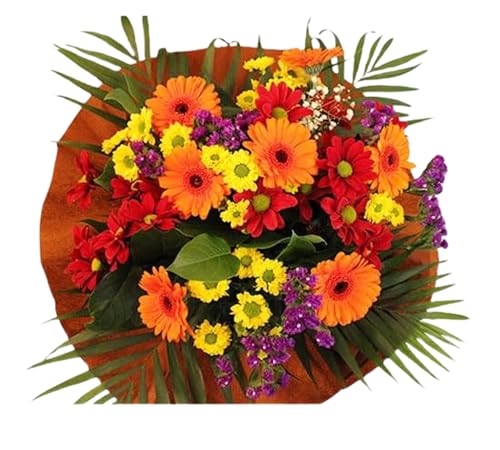 Autumn Burn Bouquet Fresh Flowers Orange Gerberas, Yellow Red Chrysanthemums Bright Arrangement Gift Chocolate (Chocolate)