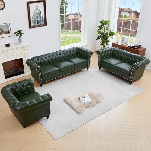 Image of QHITTY 3 Piece Living Room Set, Sectional Chesterfield Sofa Chair Contemporary Upholstered Artificial Leather Loveseat Couch Sets for Living Room, Bedroom, Office (Green)
