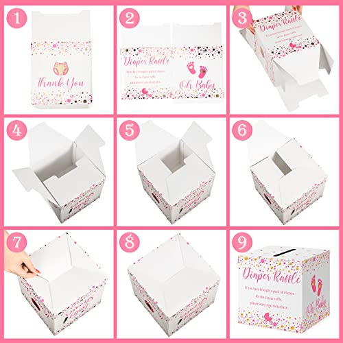 Funrous 50 Diaper Raffle Tickets with Box for Baby Shower Game Invitations Diaper Raffle Card for Gender Reveal Baby Shower Party Decoration Table Centerpiece (White, Pink) - Thumbnail 7