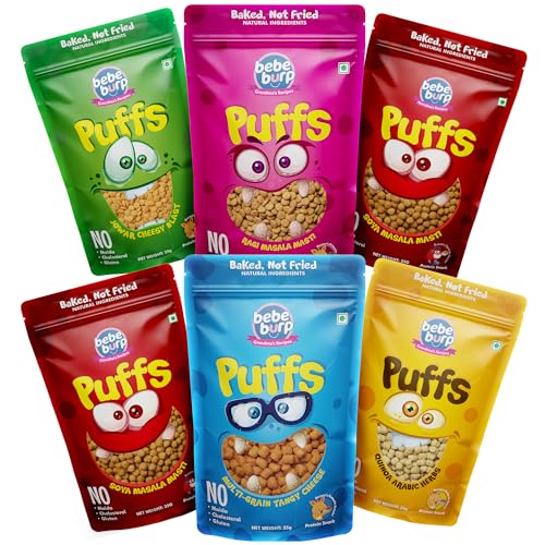 Image of BE'BE' BURP Healthy Puff Snacks | Baked Protein Puffs for Kids & Adults | Gluten Free Snacks | No Maida, No Preservatives & No Artificial Flavours | Travel Friendly | 35g - Pack of 6