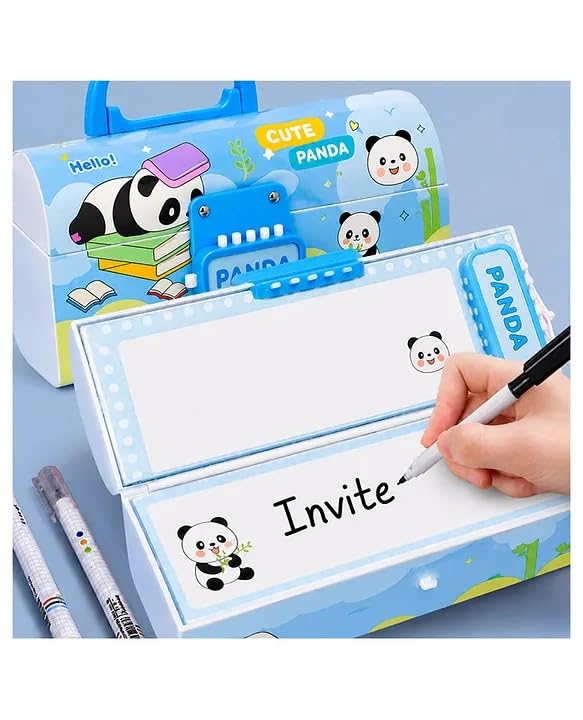 Image of Invite New Cartoon Theme Pencil Box with Push Pull Eraser Set for Kids | Suitcase Style Password Lock Stationery Organizer | School Supplies Gift Combo for Boys & Girls (Cute Panda Blue + Eraser)