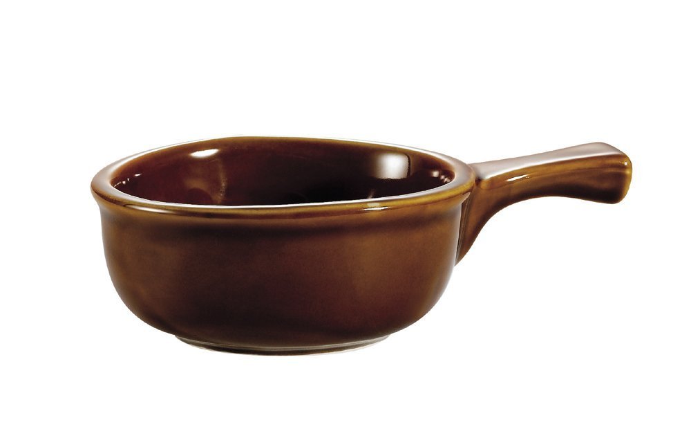 CAC ChinaOC-15-H 15-Oz Stoneware 7-1/2" x 5" x 2-1/4" High Round Onion Soup Crock with Handle, Brown - 1 Each